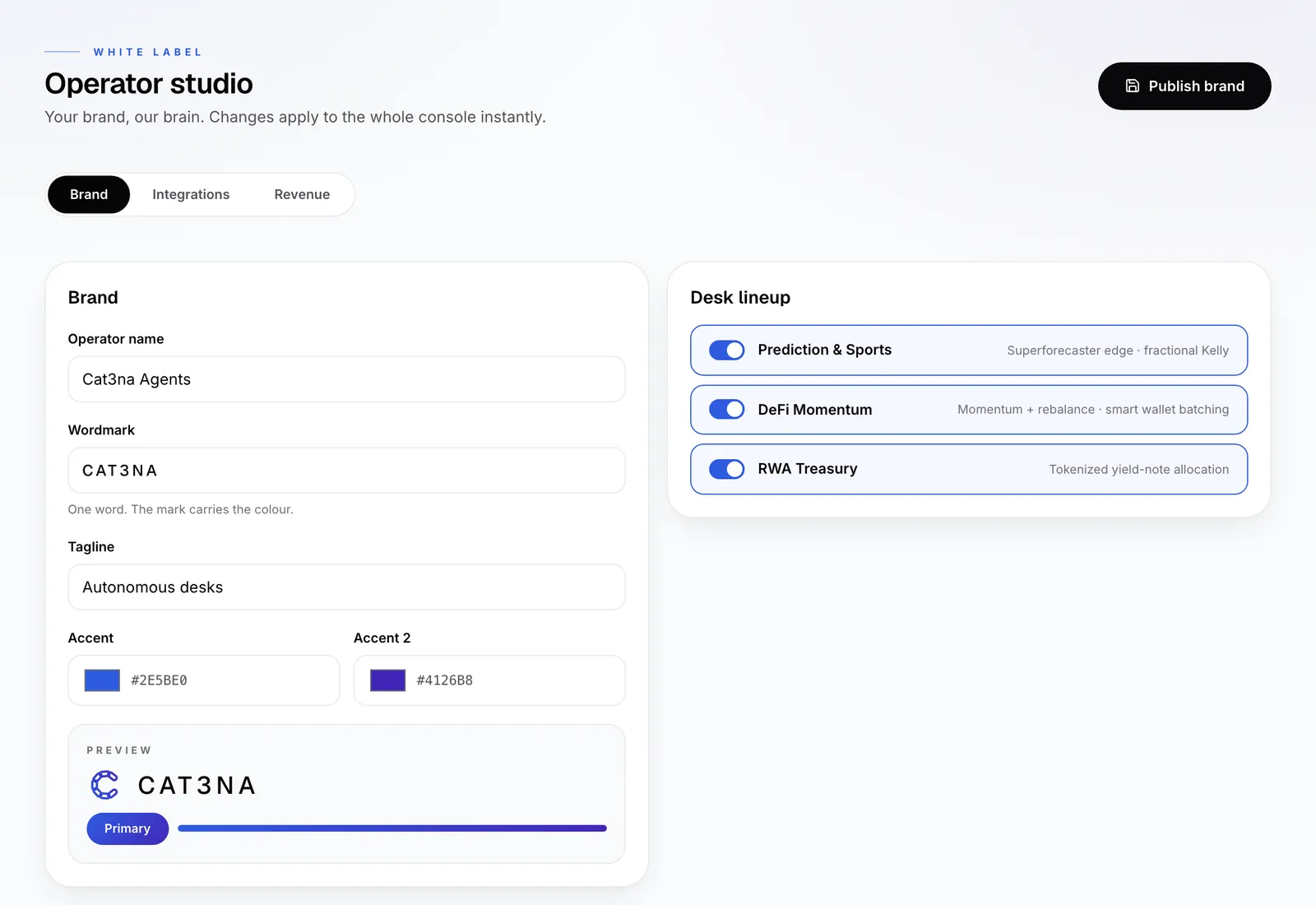 The operator studio: white-label brand, integrations and revenue settings that apply to the whole console instantly.
